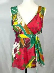 vibrant and colorful retro floral true wrap top size small