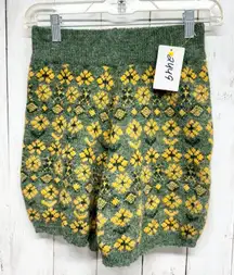 Cider Shorts Women Size Medium Green Yellow Sunflower Knit Sweater Boho Festival