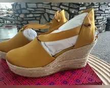 Tory Burch NWT ELISA90MM wedge Espadrille satin golden Fry 713