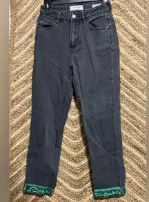 Women's Green & White Paisley Embroidered Dark Grey Mom Jeans,Size 24