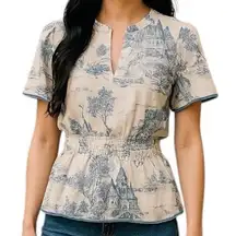 Umgee Overall Printed Smocked Waist Short Sleeve V-Neck‎ Pleated Blouse Sz S NWT