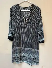 Jia Hao Di Women’s Black Blue Floral Boho Flowy Long Sleeve Mini Dress Small