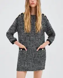 ZARA  | TRF Collection Black White Tweed Shift Dress Gold Buttons Mini | Medium