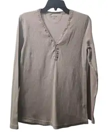 Eddie Bauer Henley Top Long Sleeve Casual Knit Shirt Beige Size L‎