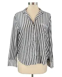 Victoria’s Secret Gray and White Striped Button Down Flannel Pajama Top