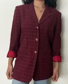 Vintage Lands’ End Dark Red Plaid Blazer Preppy Goth Money Wool Pockets Size 6