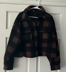 Divided Checkered Teddy Jacket in Black and Brown