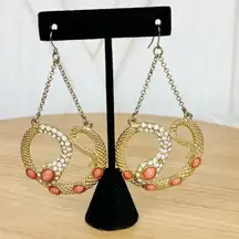 Bebe Rhinestone Beaded Snake Dangle Statement Earrings Goldtone Coral Orange