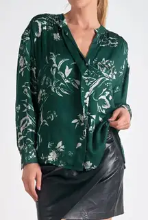 Elan Green Floral Print Button Down Shirt(Size Medium)