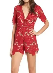 ASTR The Label Lace V-Neck Romper Red Nude size M Party Holiday Cocktail Cut Out
