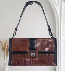 Early 2000's Whimsygoth Brown Black Croc Faux Leather Heart Charm Shoulder Bag