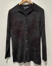 Nina Leonard dress Vintage Dark Floral Collared Cardigan wool blend‎ size small