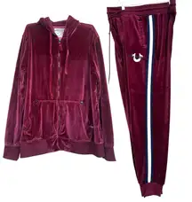 True Religion Velour Track Suit Womens Sz XL Burgundy Zip Up Retro Streetwear