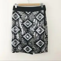 Limited Black Silver metallic Y2K sequin Aztec Western High Waist Pencil Skirt 2