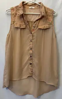 MINE WOMEN'S Peachy Sheer Collared Tank Top BUTTON DOWN High Low SHIRT SIZE L