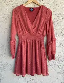 Women's Sunset Coral Swiss Dot Ruffle Boho Short Mini Dress Size Medium