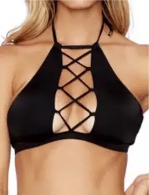 Beach Bunny Black Reese High Neck Halter Strappy Front Bikini Top Size Medium