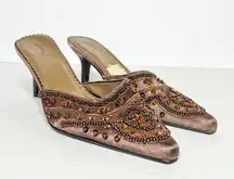 Y2K VTG Brown Pointed Beaded Sequin Kitten Heels Size 5.5 Women’s