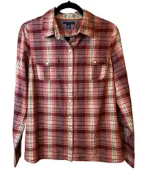 Tommy Hilfiger Womens Plaid Long Sleeve Button Up Shirt Top Red Floral Collar L