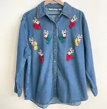 Dress Barn Blue Denim Reindeer Holiday Christmas Button Front Shirt Women's 1X