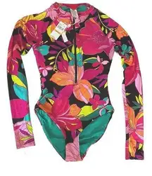 Long Sleeved Rash Guard One Piece Swimsuit in Solar Floral size S