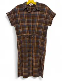 Hidden Alley Brown Blue Plaid Short Sleeve Button Down Shirt Dress Cotton Sz M