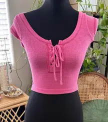 Out From Under Urban Outfitters Knockout Pink Seamless Lace Up Cropped T-Shirt