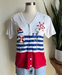 Vintage‎ Nautical Knit Tee Patriotic Sailor Shirt small