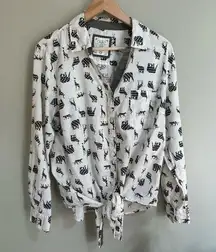 Style & Co Blouse animal print black & white front knot L elephants and giraffes