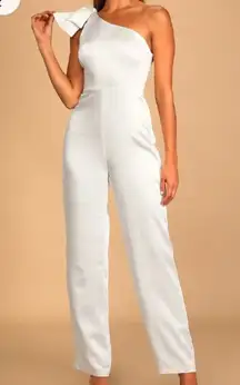 Lulus My Forever Romance Satin One-Shoulder Jumpsuit Bow White Size XL Bridal
