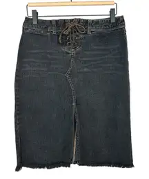 Express Jeans Vintage Y2K Jean Denim Lace Up Front Midi Skirt Frayed Hem Stretch