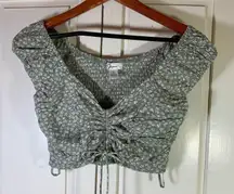 Japna Floral Crop Top Smocked Ruched Drawstring Sage‎ Green Size Small Cottage