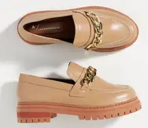 Lug Sole Platform Chunky Loafers in Tan w/ Gold Chain