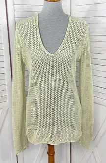 Eddie Bauer Vintage Linen Open Weave Mesh V Neck Tunic Sweater Green Medium
