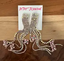 Gold Tone & Iridescent Crystal Fringe Earrings With Pink Flowers