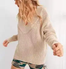 Aerie Sweater Chunky Deep V Neck Oversized 100% Cotton Beige M NWT
