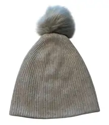 Saks Fifth Avenue Women’s 100% Cashmere Beanie Hat Gray‎ Pom Pom Winter Cozy