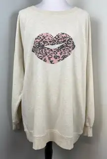 Wildfox Oatmeal Leopard Lips Soft Oversized Sweatshirt Kiss XL