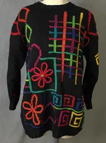 Vintage 1993 RIR Hong Kong Sweater Neon Embroidered Flowers Abstract Art M/L