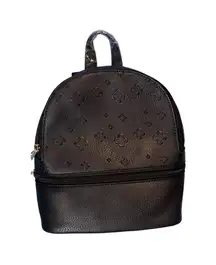 Unbranded Black Faux Leather Mini Backpack Embossed Monogram Two Zip Pockets