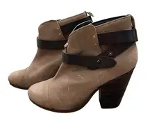 Rag & Bone Taupe‎ Suede Black Leather Wrapped Strap Block Heel Booties  Size 6