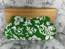 Vintage Old Navy Women Wooden Hinged Clutch Purse Green White Floral Canvas Tiki