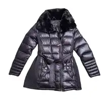 BCBGMAXAZRIA Black Adela Down & Feather Faux Fur Collar Puffer Size: L