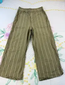 Madewell Olive Green Striped Wide Leg Crop Pants Size Small Linen Blend