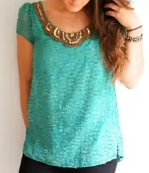 Sachin + Babi for Anthropologie | Carcanet Blouse - Aqua Green | Bronze Bead