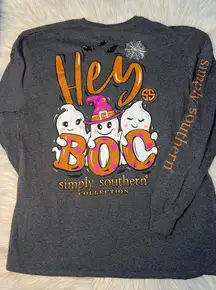 Simply Southern Hey Boo Halloween Ghost Long Sleeve Shirt Gray Size Large