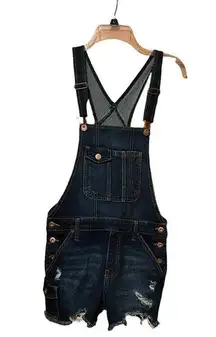 No Boundaries Overalls Shorts Womens Medium Dark Wash Cut Off Distressed Denim