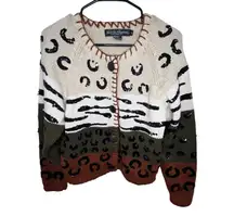 Work In Progress Vintage Sequin Color Block Animal Print Cardigan Sweater