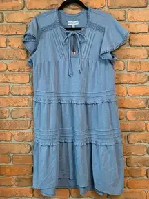 Knox Rose Women's Boho Midi Prairie Dress Tie Neck Flutter Sleeve Blue NWT Large