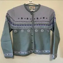 Tally Ho Blue and Gray Floral Fair Isle Cardigan Sweater Medium